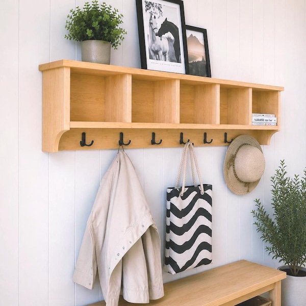 Mudroom Organizer with Storage Cubbies, Handmade Natural Wood Wall Mounted Coat Rack