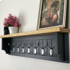 Basalt gray coat rack with shelf, Wooden towel rack with shelf, wall coat rack