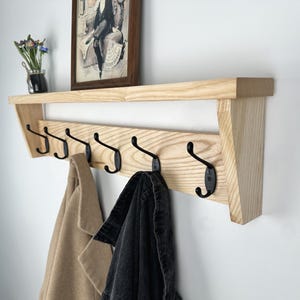 Wall-Mounted Ash Coat Rack with Metal Hooks, Perfect for Entryways, Wooden Wall Hooks