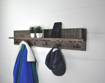 Solid Wood Coat Rack with Shelf, Entryway Organizer, Key Holder for Wall