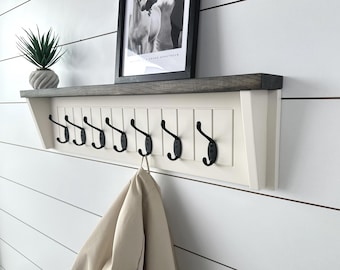 Entryway Wall Organizer, Cream Coat Rack with Shelf and Hooks