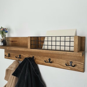 Wooden Entryway Organizer with Hooks and Shelf, Wall mount coat rack, Mail Holder, Entryway shelf