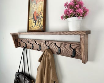 Solid Ash Wall-Mounted Coat Rack with Shelf, Enrtyway Organizer, Rustic Coat Rack