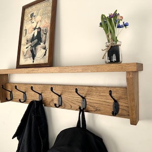 Wall-Mounted Solid Oak Coat Rack, Wall-Mounted Entryway Organizer, Farmhouse Style Coat Rack