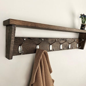 Oak Wall Mounted Organizer, Entryway Coat Rack with Hooks