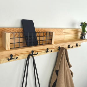 Wooden Entryway Organizer with Hooks and Shelf, Wall mount coat rack, Mail Holder, Entryway shelf