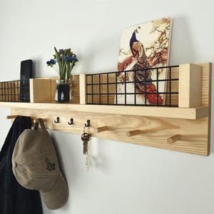 Entryway Wall Rack with Shelf, Key Hooks & Mail Holder, Farmhouse Entryway Organizer