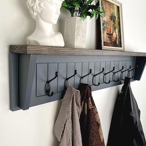 Handmade Entryway Coat Rack, Wall Hooks with Shelf for Mudroom or Hall, Gray Wall Mounted Coat Rack