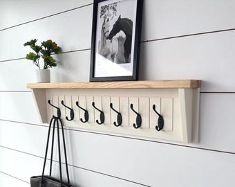 Cream Wall Coat Rack with Shelf and Hooks, Farmhouse Entryway Organizer