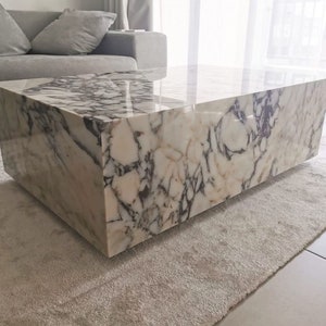 Viola Marble Low Plinth Coffee Table - Travertine Plinth Coffee Table - Calacatta Viola marble Cube Side Table - Stone Cube Nightstand