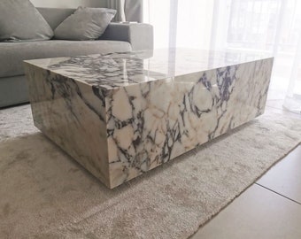 Viola Marble Low Plinth Coffee Table - Travertine Plinth Coffee Table - Calacatta Viola marble Cube Side Table - Stone Cube Nightstand