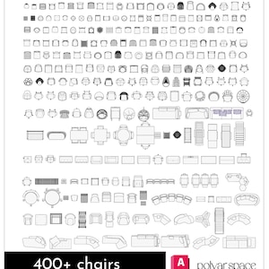 May include: A comprehensive collection of over 400 black and white CAD furniture symbols, primarily featuring various chair designs, sofas, and tables in top-down view. The graphic includes the text 400+ chairs and the logo A CAD polyar space.