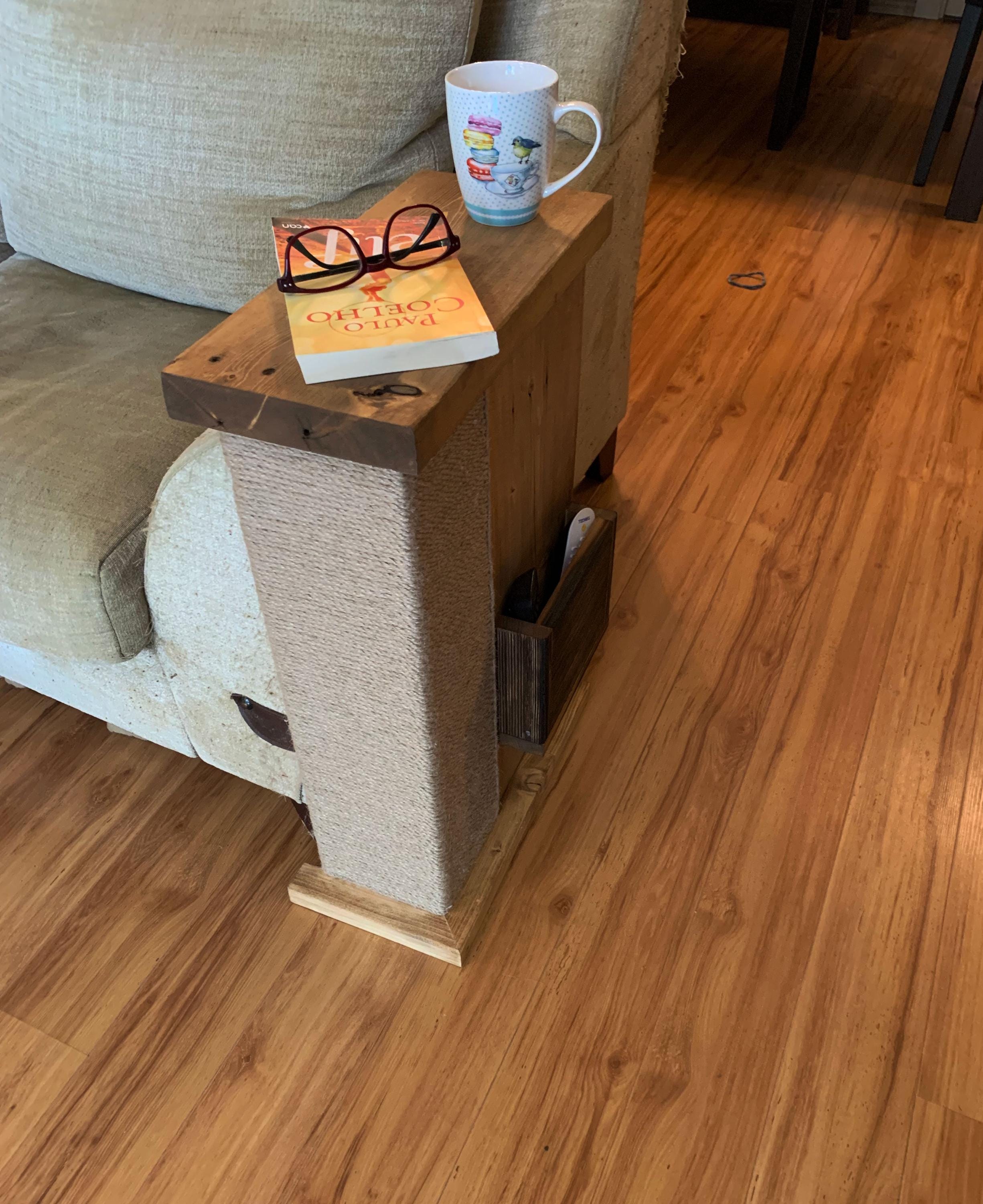 Rustic Wood Sofa Armrest Table with Cat Scratcher – Handmade Couch Tray