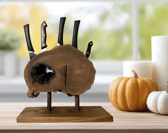 Handcrafted Walnut Magnetic Knife Holder | Rustic Live-Edge Knife Block | Unique Natural Kitchen Decor