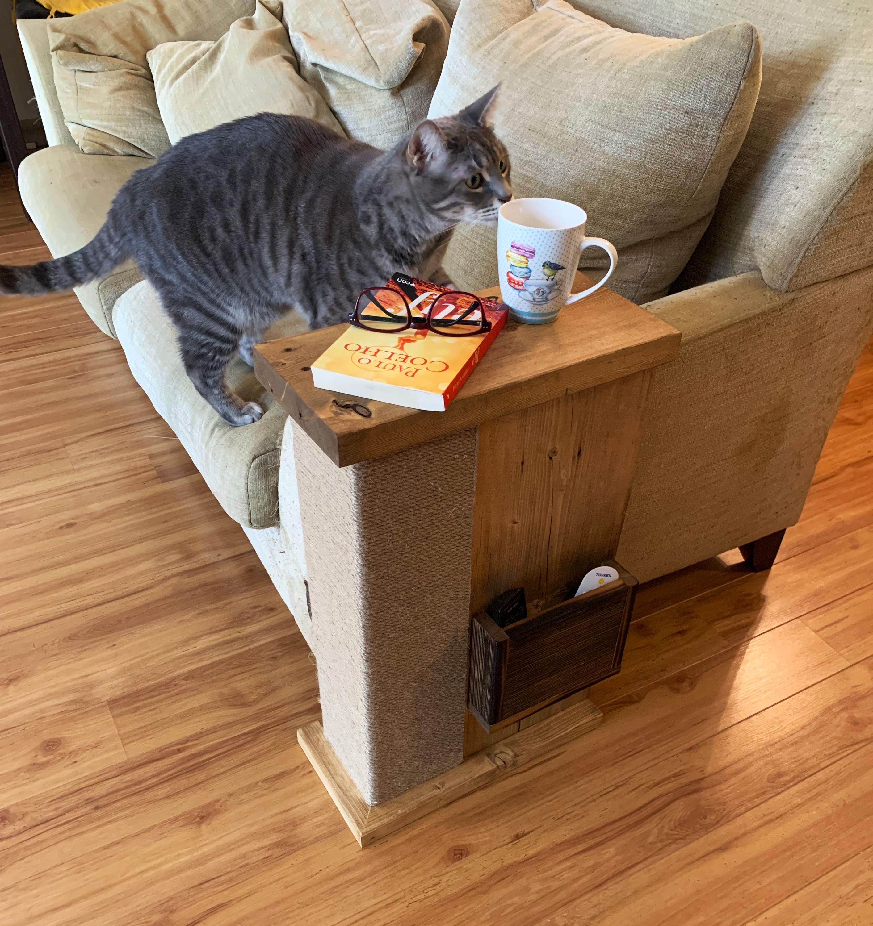 Rustic Wood Sofa Armrest Table with Cat Scratcher – Handmade Couch Tray