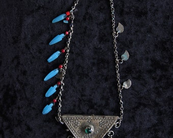 Silver Amulet Necklace with blue glass stone beads, Ottoman Amulet, Handmade