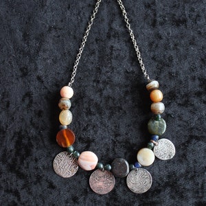 Antique handmade silver necklace with natural stone beads, and with antique silver coins, with original Ottoman chain