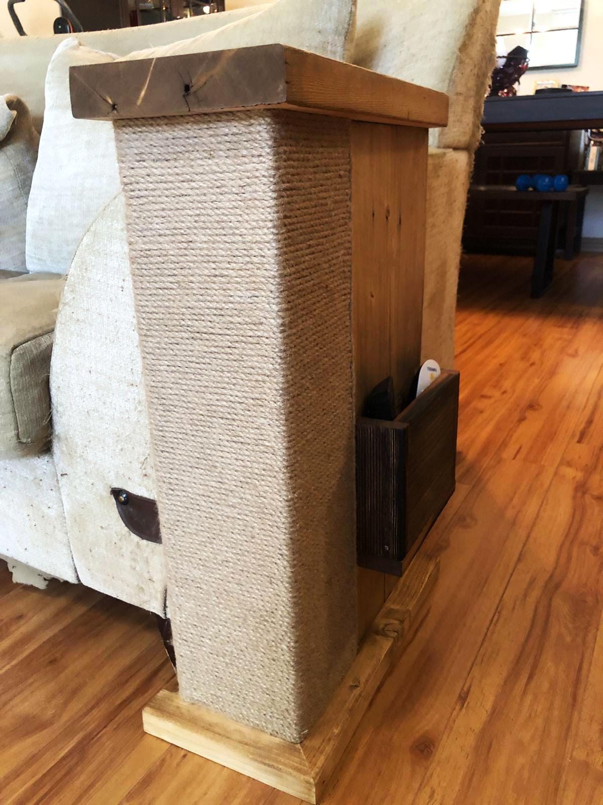 Rustic Wood Sofa Armrest Table with Cat Scratcher – Handmade Couch Tray