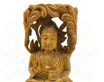 Wooden Buddha meditating under a tree statue 10'' idol for home, temple altars, yoga & meditation/hand carved Indian god sculpture for gift