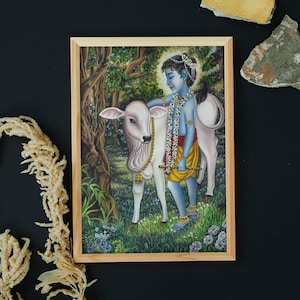 Krishna med ko oljemålning på duk (digital nedladdning)