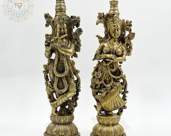 Antique Brass Radha Krishna Statue 6 Inches – Traditional South Indian Style Murti for Mandir