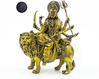 Handmade 6" Brass Durga Statue/8 Armed Maa Durga Idol/Sitting on Lion/Metal Hindu God Murti/Hare Krishna Gifts/Temple decor/Goddess Parvati