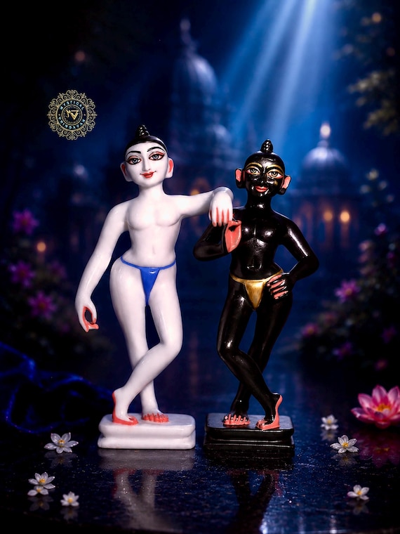 ISKCON Krishna Balaram Murti 12 Inch | Pure Makrana Marble Handmade Deity with Special Hand Painted Eyes Hare Krishna Gift