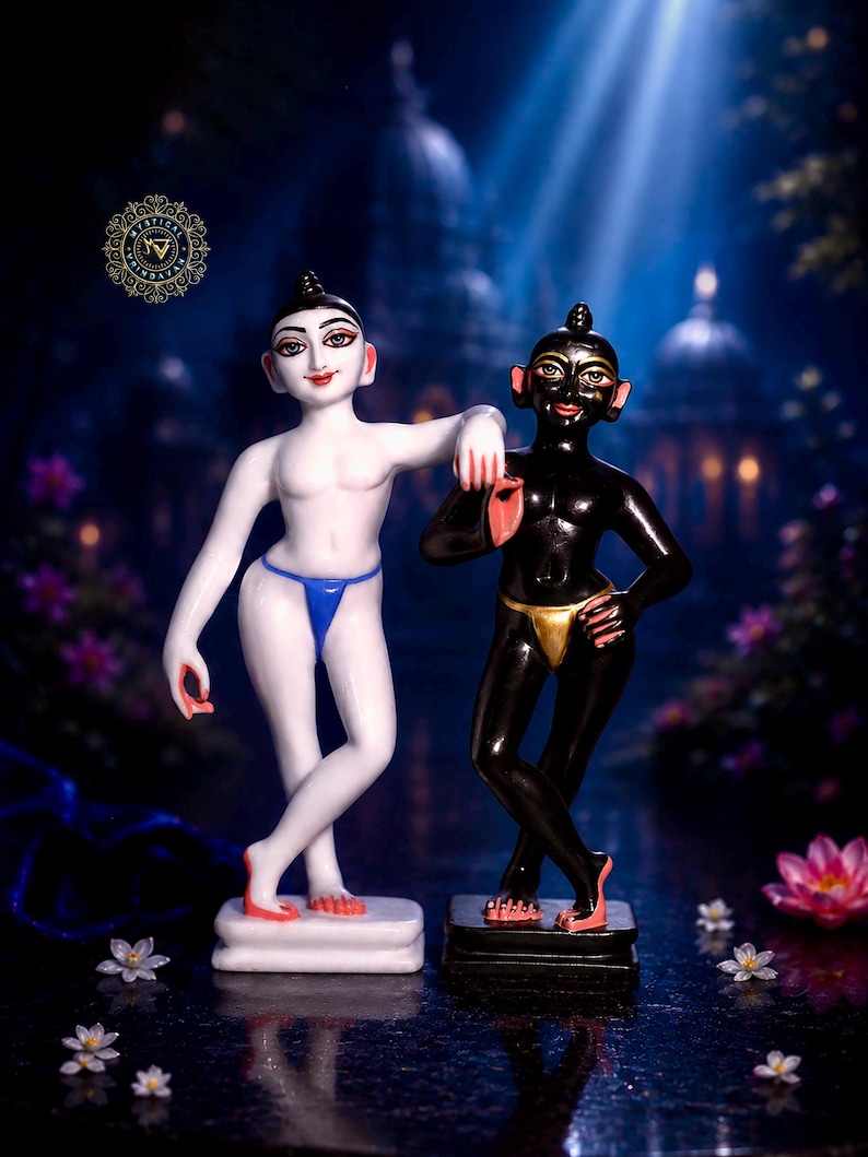 May include: Two statues of figures, one white and one black, stand side-by-side. The white statue wears a blue thong, and the black statue wears a gold thong. Both have red accents on their feet and hands. The background is a dark blue with architectural elements.