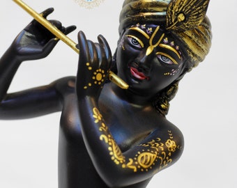Krishna idol for temple and home altar 14"/black Gopal statue with flute/iskcon harekrishna gift/handmade décor for office/Hindu god deity