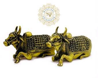 Handmade Brass Cow Statue Set of 2 | 3 Inch Cow Murti | Hindu Temple Decor | Pooja Altar Idol Gift