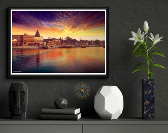 Kesi ghat photography print/Vrindavan wall décor hanging/Krishna home décor/harekrishna iskcon gifts/framed Wall Art/Landscape sunset/god