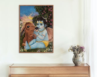 Krishna Painting Krishna with cow /Original oil painting / home décor /surreal art / Indian painting /devotional , spiritual painting / gift