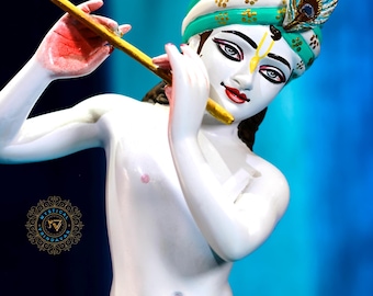 Krishna idol for temple and home altar 14"/White Gopal statue with flute/iskcon harekrishna gift/handmade décor for office/Hindu god deity
