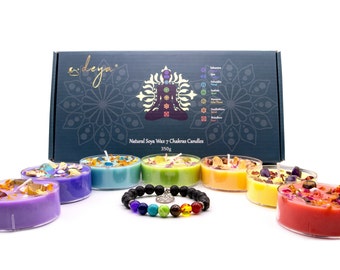 Complete Set of 7 Chakra Scented Candles Infused with Crystals and Flowers (includes natural stone 7-chakra bracelet with tree pendant gift)