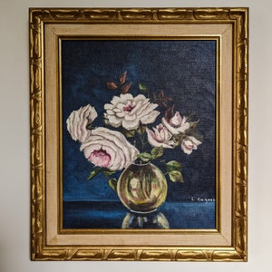 Oil painting on canvas still life, gold wood frame, rose flower painting, vintage painting, wall decoration, bedroom