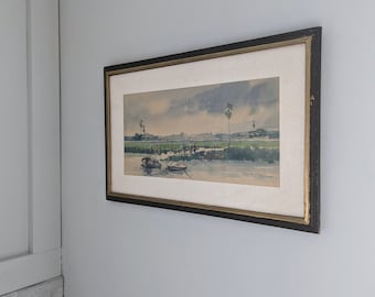 Watercolor with wooden frame | waterside landscape | signed by the artist