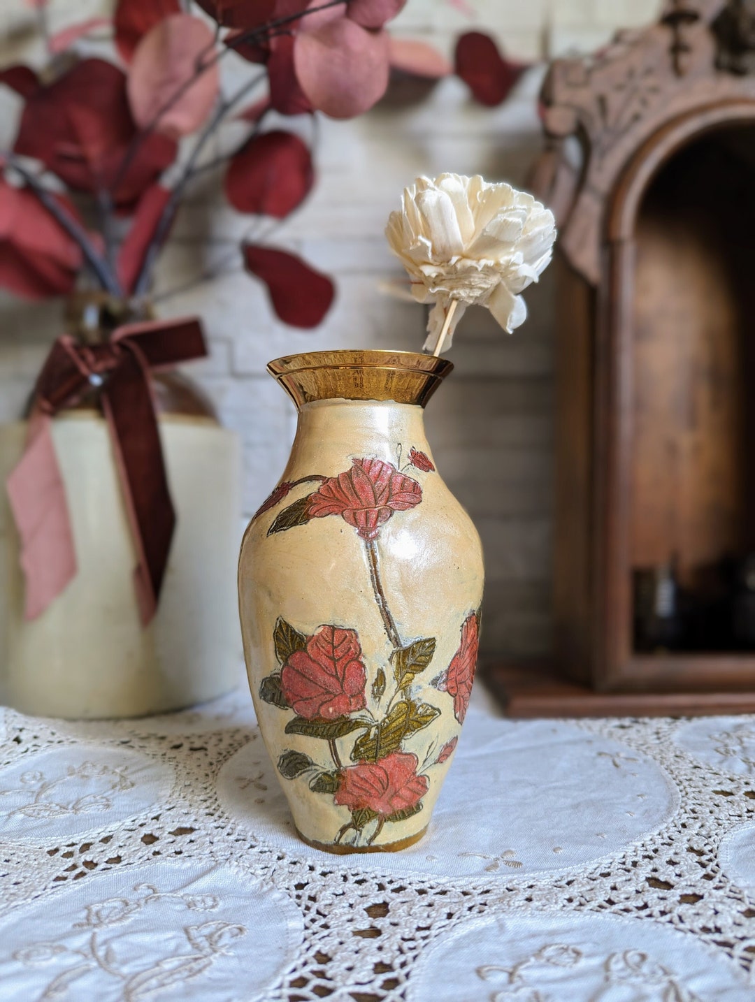 Vintage Handpainted Enameled Brass Vase Flowers Interior Decoration Etsy