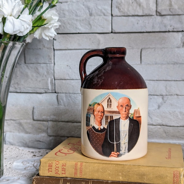 Pretty antique white ceramic jug with American Gothic artwork | interior decoration