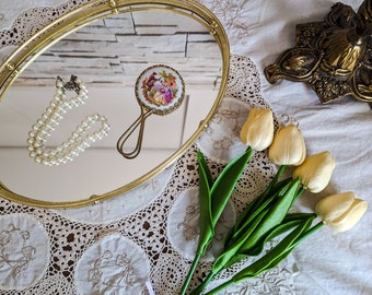 Vintage vanity mirror tray - ornate table mirror - oval mirror tray - floral details - gold mirror - vanity decor