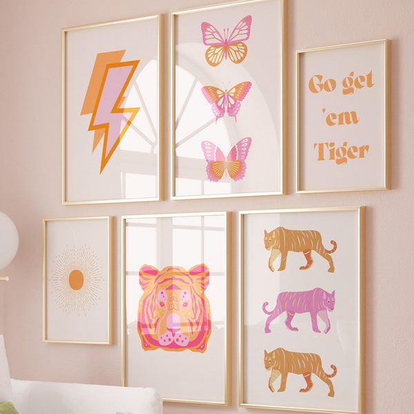 Conjunto de impresiones de tigre rosa y naranja, arte de pared para dormitorio universitario (descarga digital)
