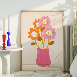 Arte de pared de flores retro Estampado floral rosa naranja Ramo de flores funky Arte de pared maximalista Póster estilo años 70 Impresión botánica abstracta IMPRIMIBLE