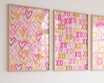 Trendy wall art Preppy room decor Pink orange prints Set of 3 Colorful Graffiti heart print XOXO wall art Happy face Girly wall art DOWNLOAD