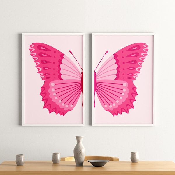 Split Butterfly wall art Hot pink Girls nursery decor Girly wall art Preppy Aesthetic room decor For teens Cute College dorm decor PRINTABLE