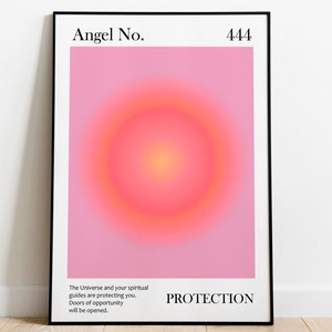 May include: A pink and orange gradient poster with a circle in the center. The poster has the text "Angel No. 444" at the top and "PROTECTION" at the bottom. The text below the circle reads "The Universe and your spiritual guides are protecting you. Doors of opportunity will be opened."