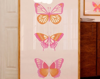 Pink & Orange Butterfly Digital Print: Girly Preppy Room Decor, Trendy Printable Wall Art