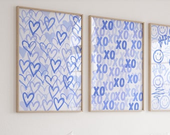 Blue preppy wall art Graffiti Hearts XOXO print Set of 3 Trendy Girly wall art set of 3 College Apartment decor Blue dorm decor PRINTABLE