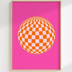 Disco Ball print Hot pink Orange wall art 70s Retro party decor Preppy wall art Funky poster Girly wall art College dorm decor PRINTABLE