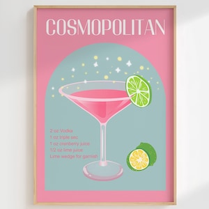 Cosmopolitan cocktail print Retro Drink recipe wall art Home Bar cart decor Cosmopolitan party decor Alcohol kitchen art PRINTABLE