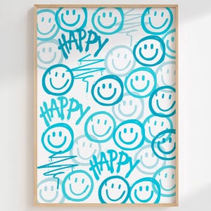 Teal Happy Face Graffiti Art Print: Preppy Dorm Decor (Digital Download)