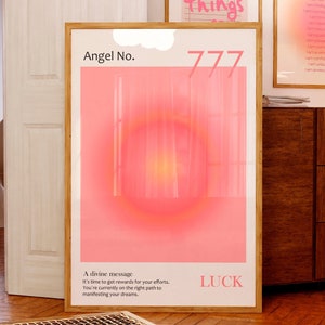 Póster con número de ángel 777, arte de pared, impresión de aura rosa, número de la suerte, arte de pared espiritual zen, afirmación positiva, decoración estética de la habitación, IMPRIMIBLE
